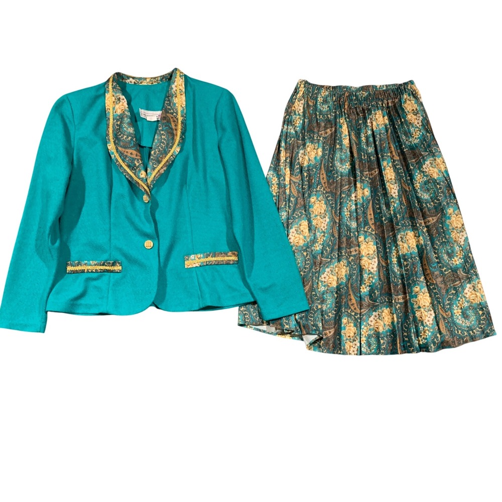 Pablo Collection Skirt Suit Set Women 12/14P Teal Paisley Floral Vintage 80s 90s